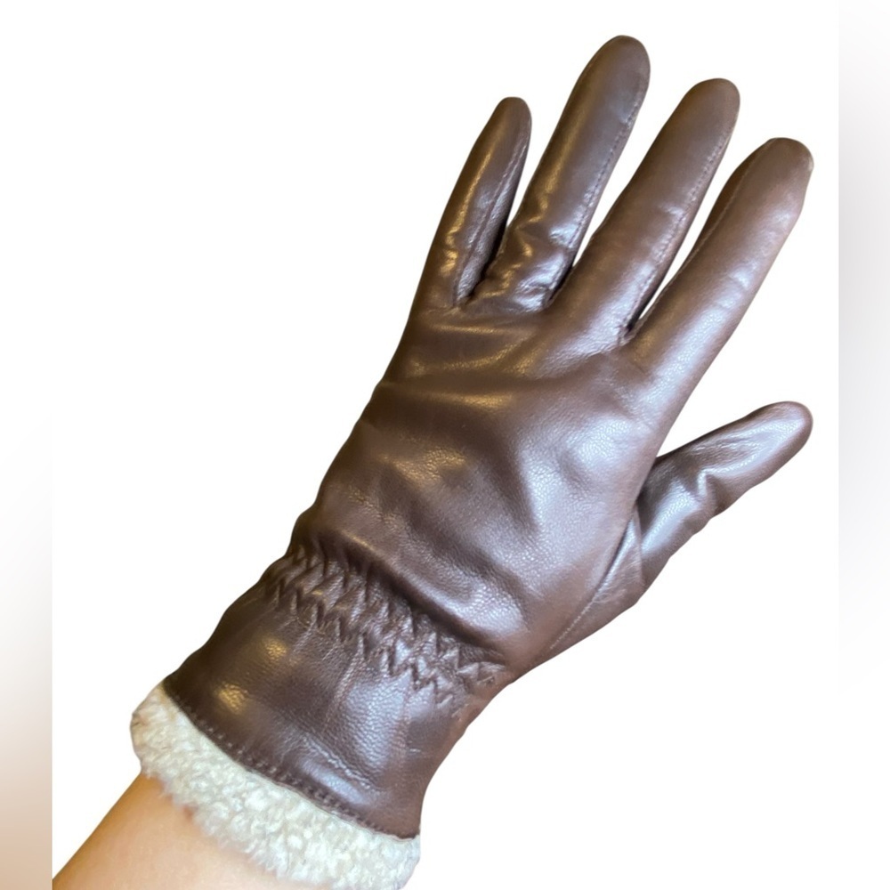 Fownes Brown leather faux Sherpa lightweight gloves Women’s size 7